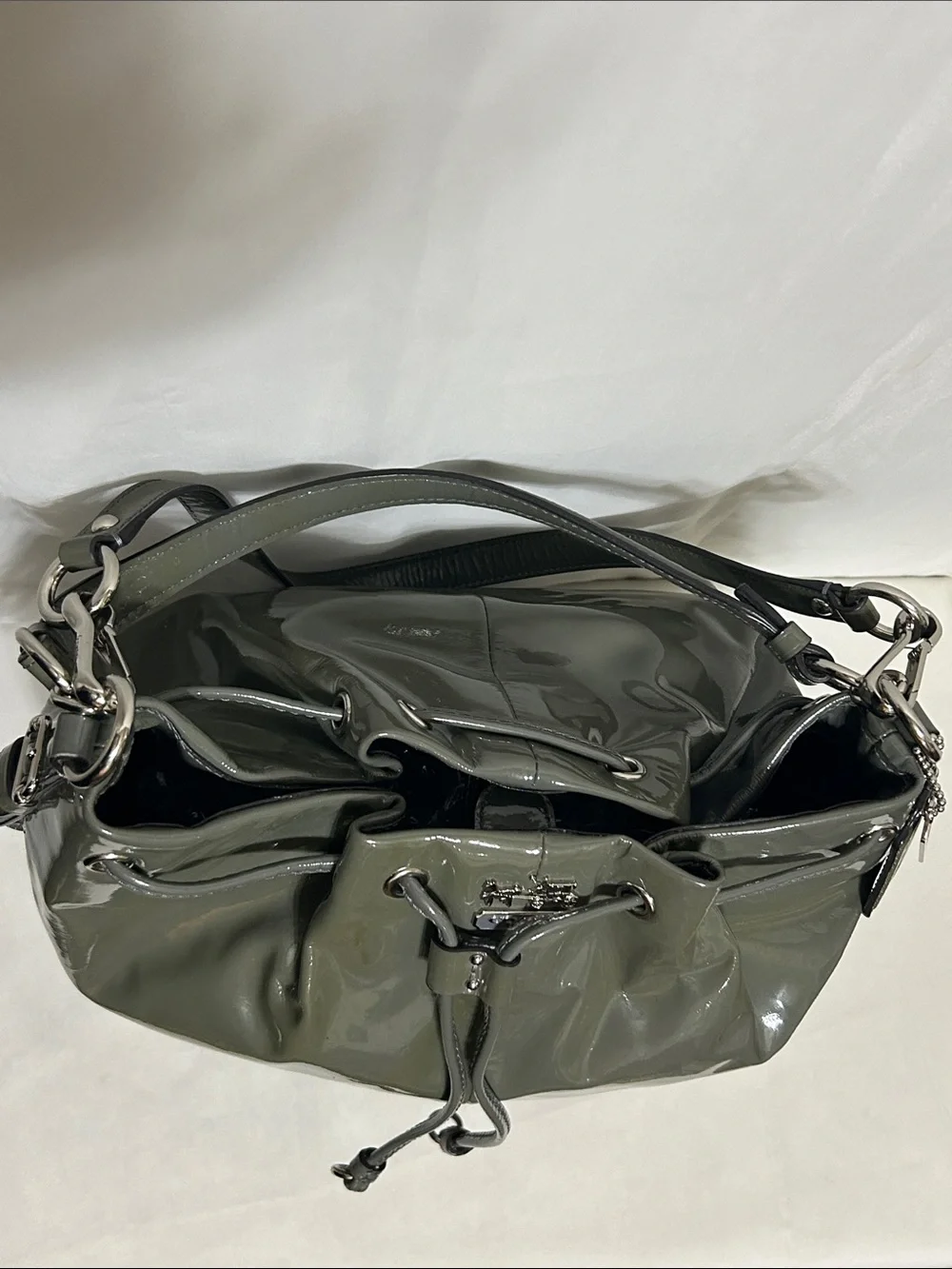 Coach Madison Patent Leather Marielle Drawstring Bag In Green